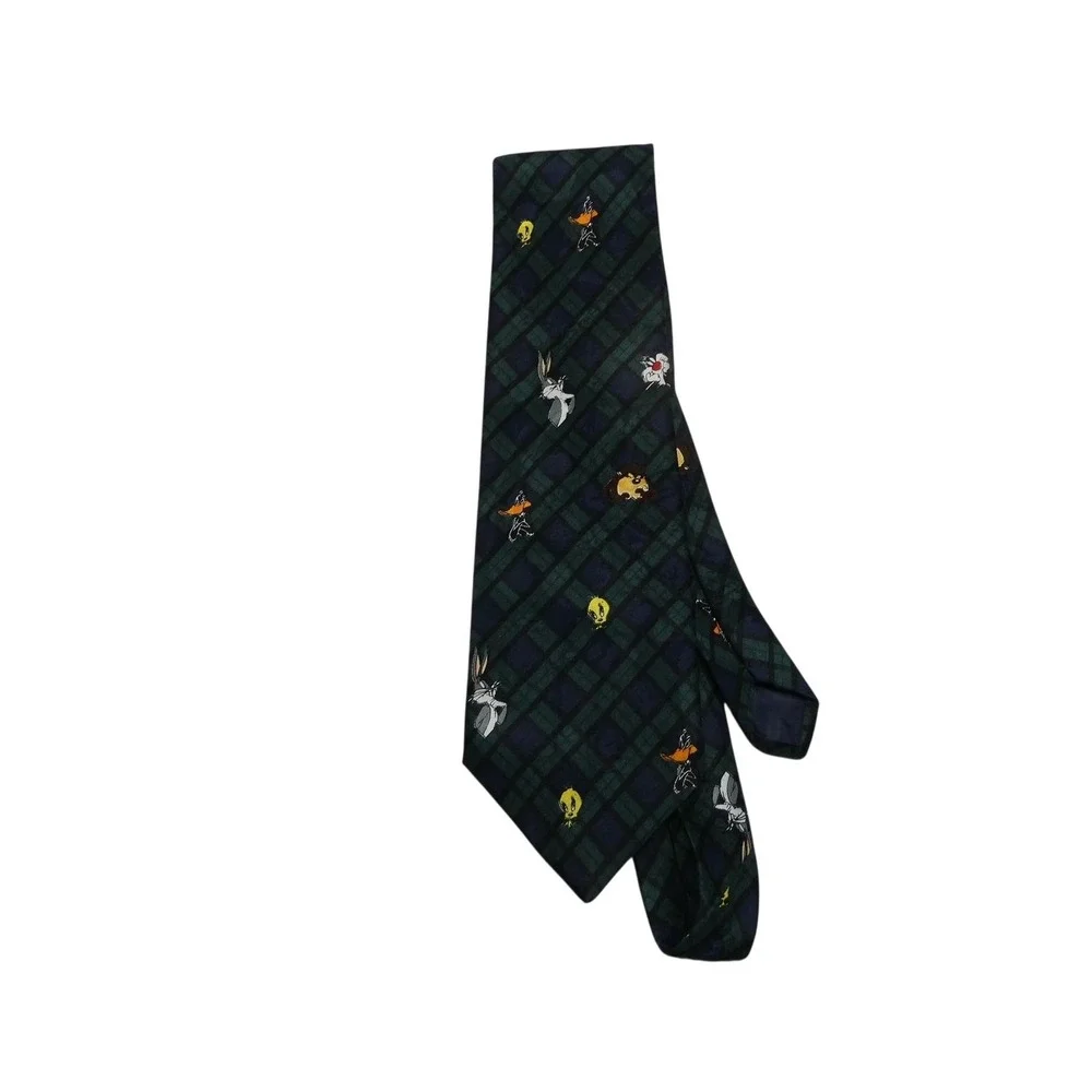 Vintage Looney Tunes Mania Tie Mens One Size Blue Tartan Novelty Cartoon 90s
